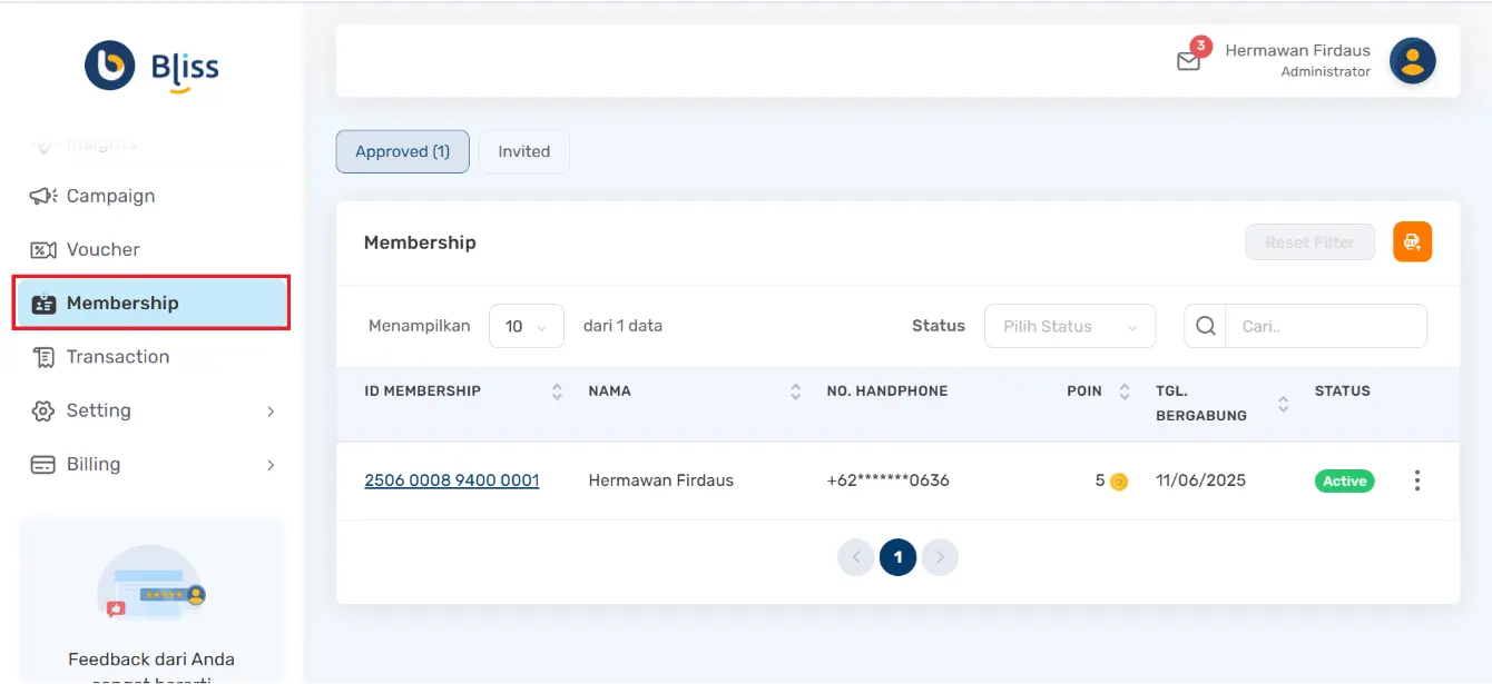 Update Poin Member Bliss